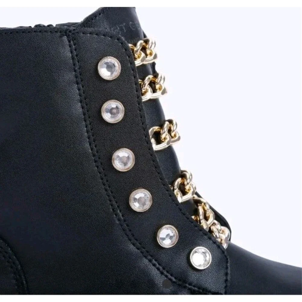 Kurt Geiger London Mini Bax Girls Black Leather Chain Combat Boots Size 7 NWT